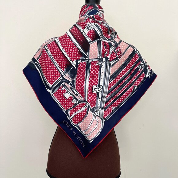 Louis Vuitton Scarf Trunks Luggage Monogram Blue Red Silk Wrap - Picture 6 of 15